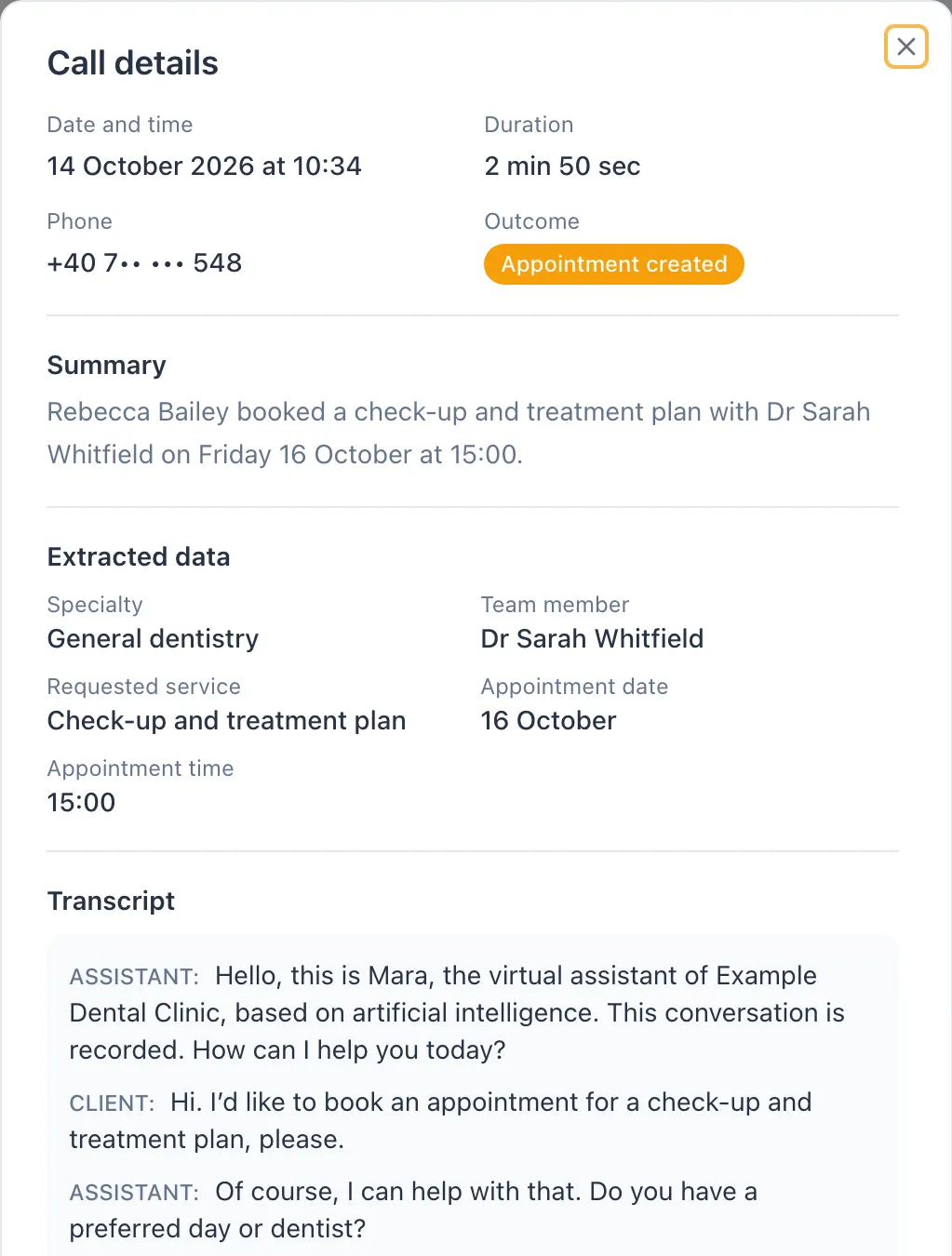 Call details: summary, extracted data, transcript