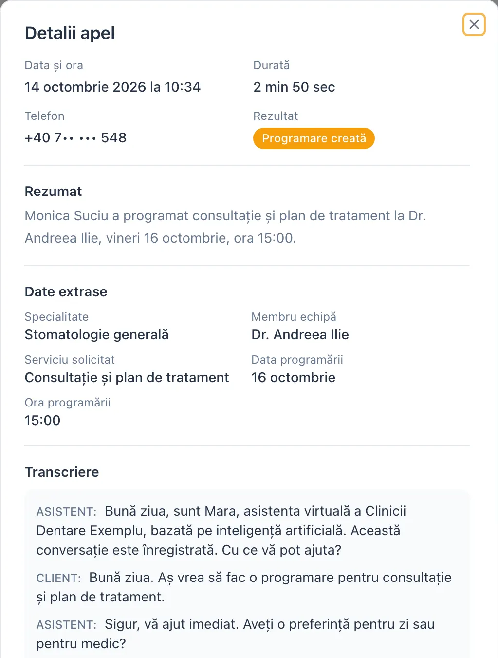 Detaliile unui apel: rezumat, date extrase, transcriere