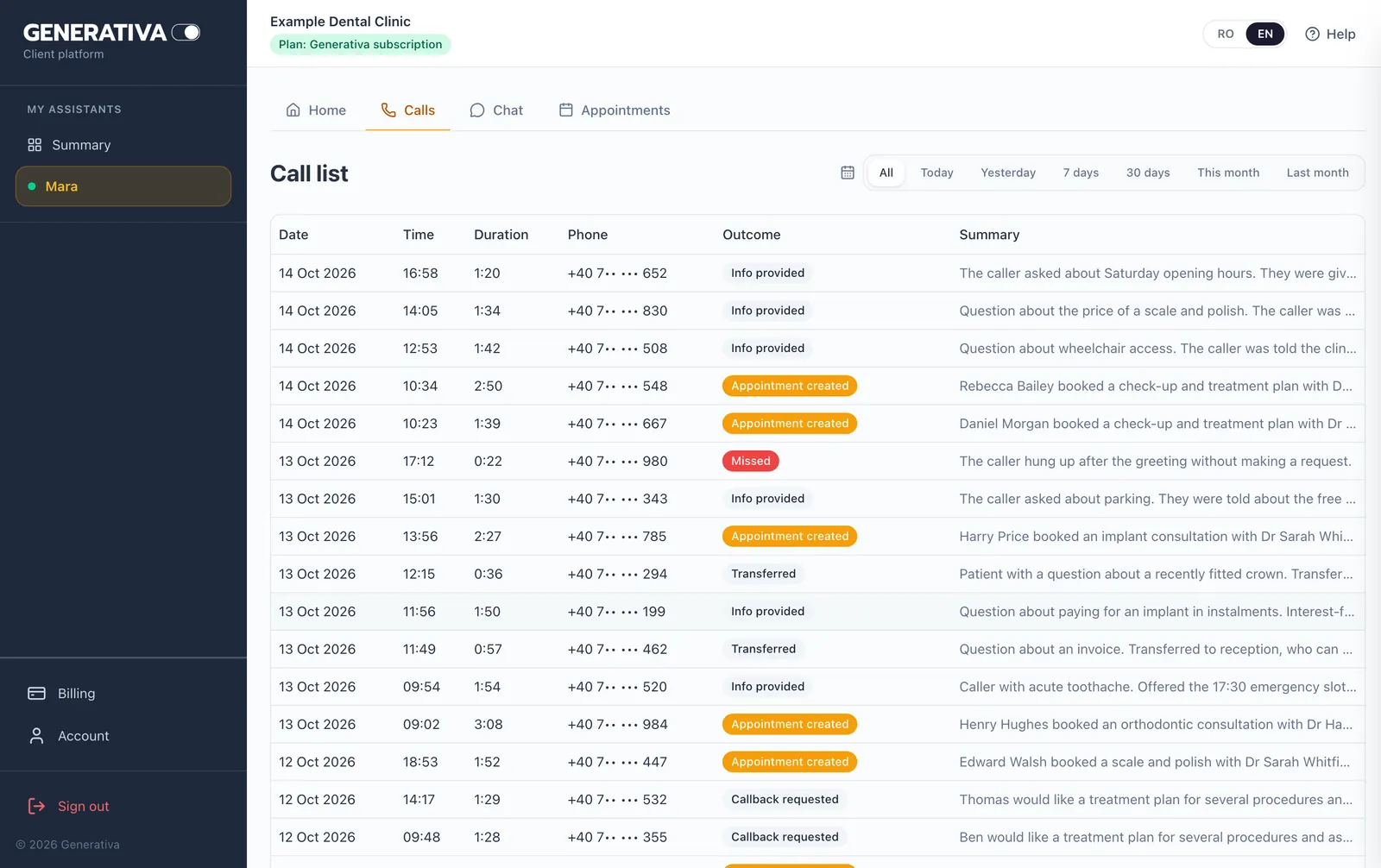 Client platform: list of calls handled by the assistant