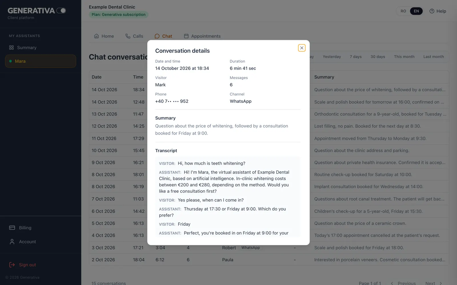 WhatsApp and chat conversations, in the client platform