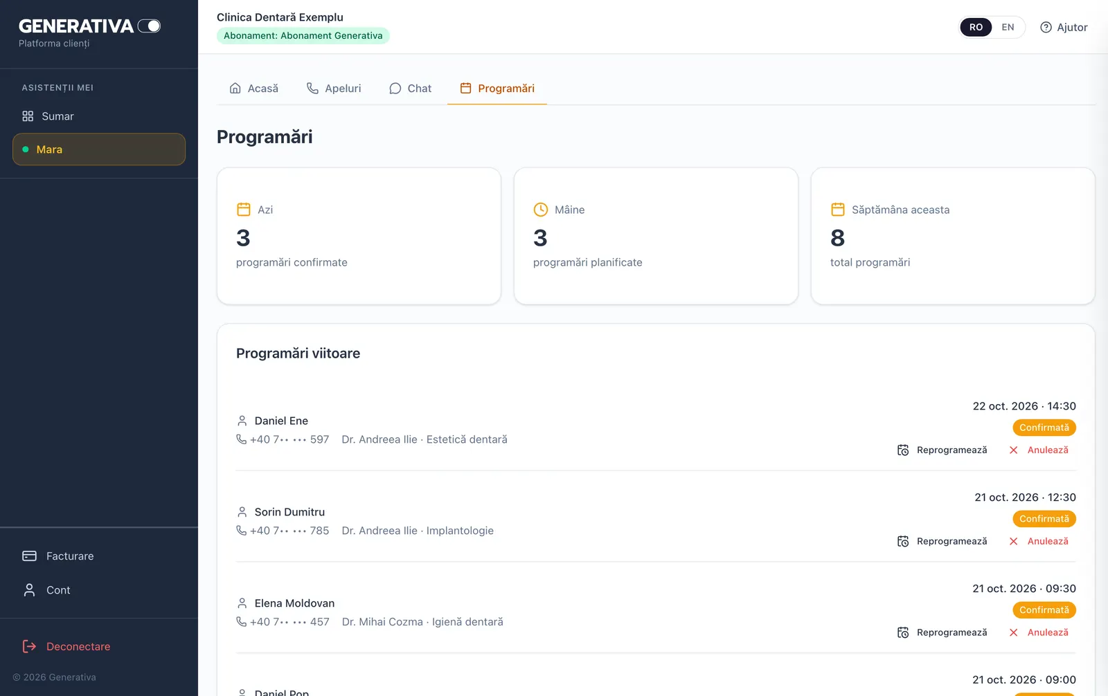 Programările făcute de asistent, în platforma clientului